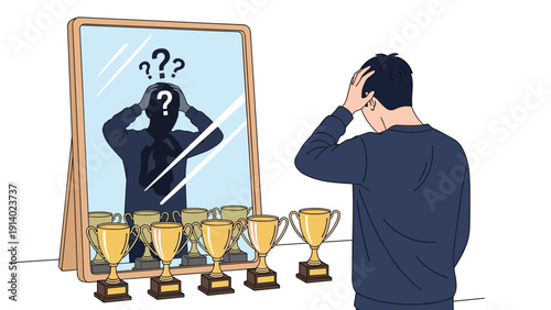 Successful man looking in a mirror surrounded by golden trophies while seeing a silhouette of doubt and question marks in his reflection.