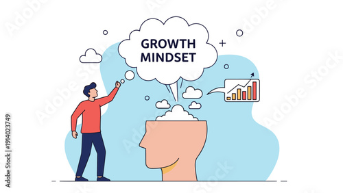 Man pointing at a thought bubble with growth mindset text and a bar chart representing his positive attitude toward personal development.
