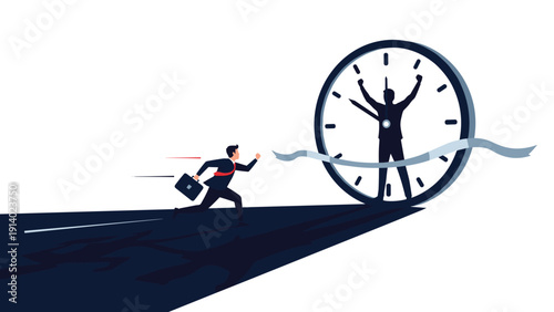 Determined businessman running towards a finish line held by a giant clock representing his success against time and meeting deadlines.
