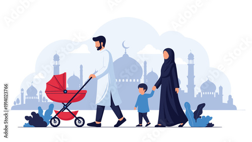 Happy muslim family with a man pushing a baby stroller, a woman in a hijab, and a young boy walking together in front of a mosque silhouette.