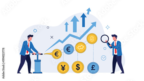 Businessmen using a pump to inflate various currency coins under a rising blue arrow representing financial growth and global economic trends.