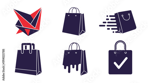 Collection of various shopping bag icons in different styles including fast delivery, verified purchase, and abstract designs in dark purple.