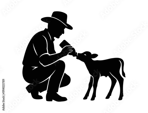 Silhouette of Farmer Feeding a Calf with Bottle Vector
