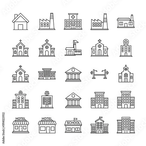 "Historical and Religious Architecture Line Icon Set – Temples, Castles, Churches, Monuments and Cultural Structures"

