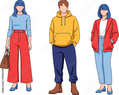 This illustration features a clean, minimalist flat design showcasing diverse youthful fashion. The primary focus is on vibrant primary colors and contemporary casual styles.
