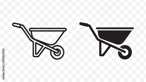 Two black and white wheelbarrow icons in line art style isolated on Transparent Background