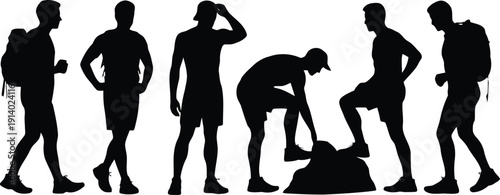 Collection of male hiker silhouettes engaged in various outdoor activities like walking and resting on a white ground