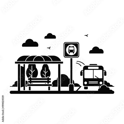 Vector illustration icon bus stop shelter with bench and bus arriving on a with clouds and birds