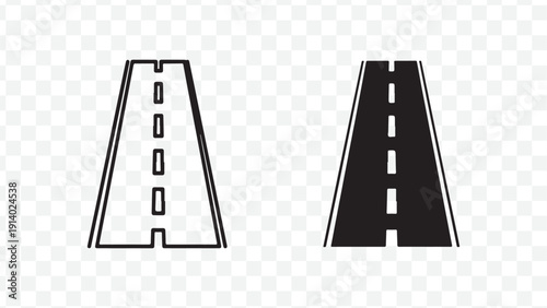 Vector illustration of two road lane icons, one white with dashed lines and one black with solid lines isolated on Transparent Background