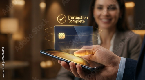 A person uses a smartphone to complete a contactless transaction with a credit card, showing a successful payment.