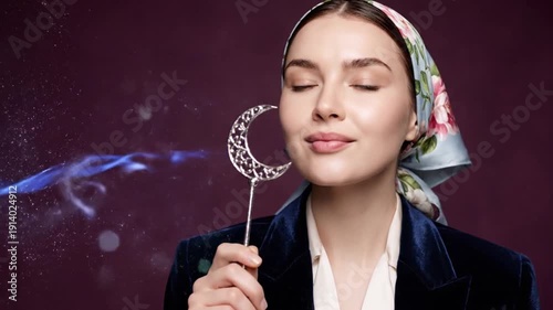 Enchanting Woman in Headscarf Blows Magical Blue Energy at a Crescent Moon.