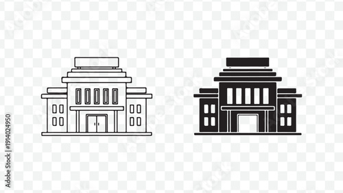 Vector illustration of two black and white building facades in line art and solid fill styles isolated on Transparent Background