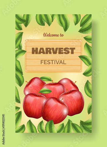 3d apples. Harvest festival flyer. Ripe fruits. Tree leaves. Wooden welcome board. Autumn traditional holiday invitation. Orchard natural crop. Seasonal event. Vector banner design