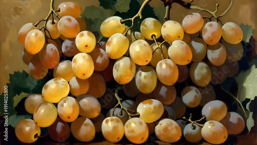 Lush Cluster of Ripe Sémillon Grapes with Leaves on Warm Background