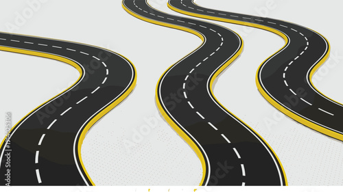 Curved Asphalt Road Set Vector Illustration with Winding Highway Paths and Yellow Borders Isolated on Light Background for Transportation Design Projects