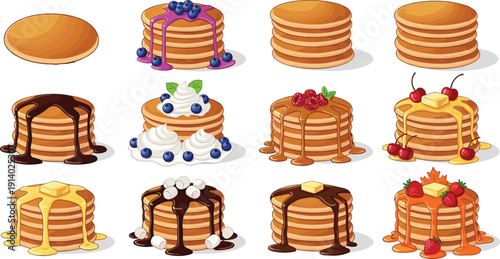 Golden pancake stack dessert vector set. Syrup dripping, chocolate topping and fresh berry variations. Sweet breakfast collection isolated on white background.