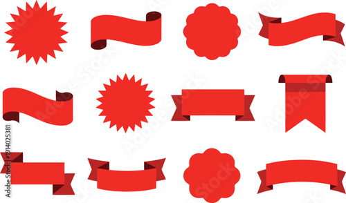 Collection of varied red ribbon banners and starburst shapes for promotional messages on white