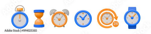 3D clock. Time countdown. Sand watch. Hourglass or stopwatch. Color timer. Digital wristwatch. 24 hour reminder. Minute counting. Sandglass and timepiece dial. Vector render icons set