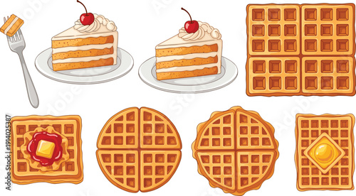Golden waffle and cake dessert vector set. Sweet breakfast pastries with syrup, butter and cherry topping. Bakery food illustration isolated on white background.
