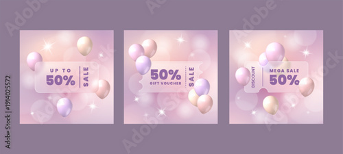 3D coupon. Glass label tag. Shiny gradient discount voucher. Glossy hologram and pastel air balloons. Modern transparency sale icons. Bokeh light flash and sparkles. Vector banners set