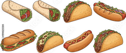 Taco, burrito and hot dog set illustration. Mexican street food wraps and sandwiches. Fast food vector collection isolated design.