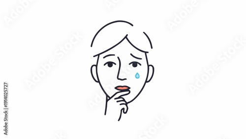 Crying woman with hand on chin.
