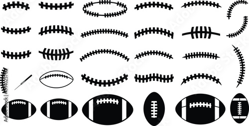 Black vector silhouette set of American football ball laces and stitches for sports equipment branding team logos collegiate athletics game day and stadium design,