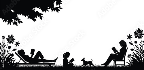 Black silhouette of family reading books in garden, mother and children relaxing under tree with dog in park, vector illustration