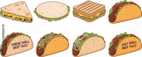 Cartoon sandwich and taco set illustration. Grilled toast, wraps and beef tacos collection. Fast food vector icons isolated design.