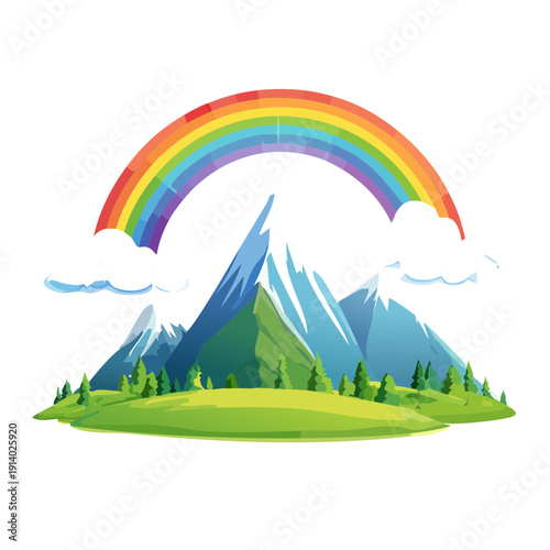 Vibrant rainbow arches over majestic snow-capped mountains and green hills
