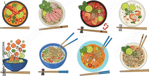 Asian noodle soup and curry vector set. Ramen, pho and spicy seafood bowls with chopsticks. Traditional cuisine illustrations isolated on white background.