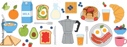 Breakfast food collection vector set. Milk, toast, eggs, bacon, pancakes and fresh fruits. Healthy morning meal illustration isolated on white background.