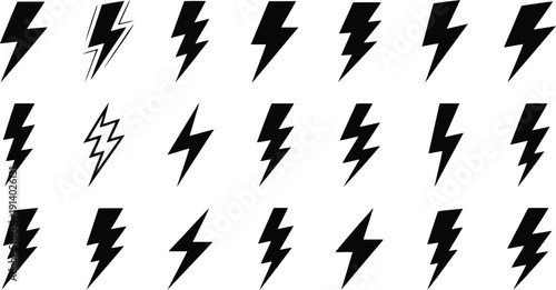Collection of various bold black lightning bolt symbols arranged neatly on a plain white background