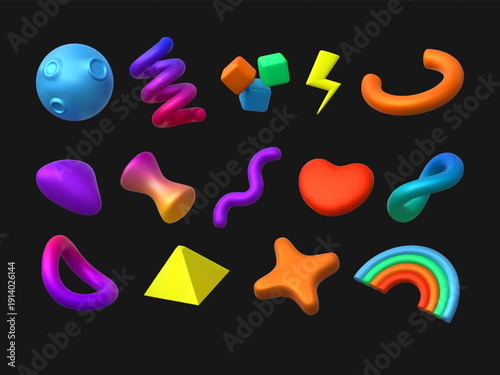 Abstract 3D elements. Y2k music shape, fun arrow flower and heart from glossy graphic plastic rainbow and spiral. Dynamic shapes geometry. Doodle inflated set. Vector isolated objects