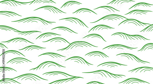 Seamless pattern of stylized green wavy lines and abstract rolling hills on a white background.