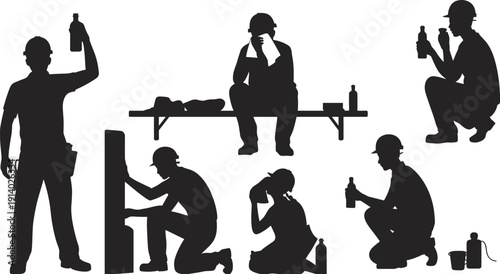 Black vector silhouette set of industrial construction workers taking a break drinking water and resting for occupational safety health labor and workforce branding design,