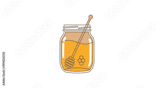 Illustration of a jar filled with honey and a honey dipper stick.