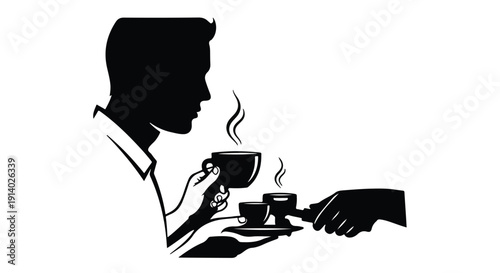 Businessman receiving steaming hot coffee cup from colleague in modern office setting with minimalist style