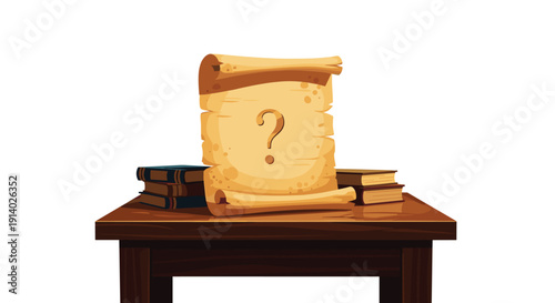 Pixel art ancient scroll with a question mark sits on a wooden table next to stacks of old books.