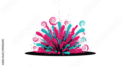 Abstract art splash of vibrant pink and blue liquid bursts with swirls and droplets from a dark oval base.