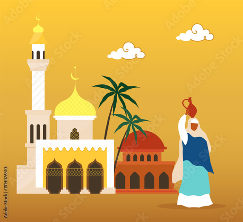 Desert heritage. Mosque buildings. Palm trees. Arabian woman in traditional clothing carrying jug. Arabic culture. Morocco or Saudi landscape. Islamic architecture. Vector illustration