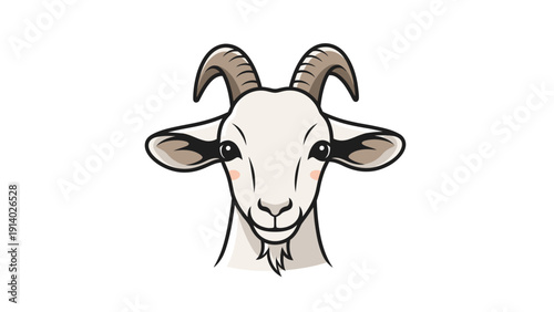 Illustration of a white goat head with curved horns and a calm expression.