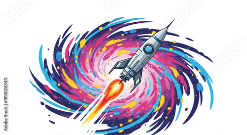 A cartoon-style rocket launches upwards through a colorful swirling galaxy or nebula pattern on a white background.