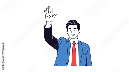 Illustration of a man in a blue suit waving with a friendly smile.