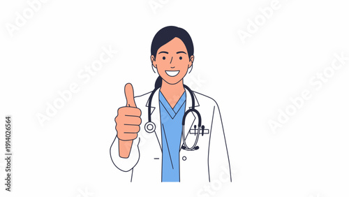 Confident female doctor giving thumbs up gesture with stethoscope around neck.
