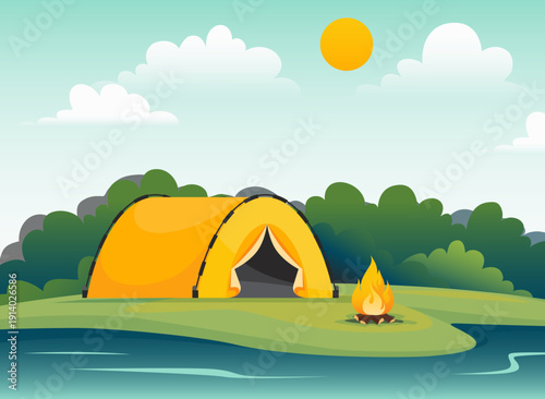 Tent near lake or river. Campfire on green meadow, outdoor recreation and relax, weekend travel and nature escape. Tourism in forest. Adventures vacation. Vector cartoon flat illustration