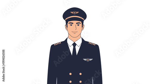 Portrait of a professional male pilot in uniform with cap and wings badge.