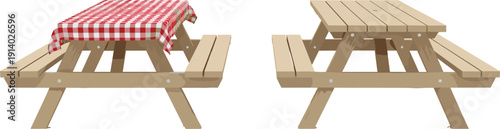 Set of Wooden Picnic Tables with and without Checkered Tablecloth for Outdoor Dining, Park Leisure, and Summer BBQ Illustration