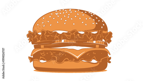 Illustration of a classic cheeseburger with lettuce and sesame seed bun.