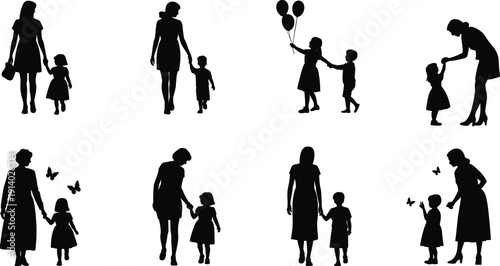 Black vector silhouette set of mothers walking and playing with their young children for family bonding motherhood parenting childhood development and nurturing branding design